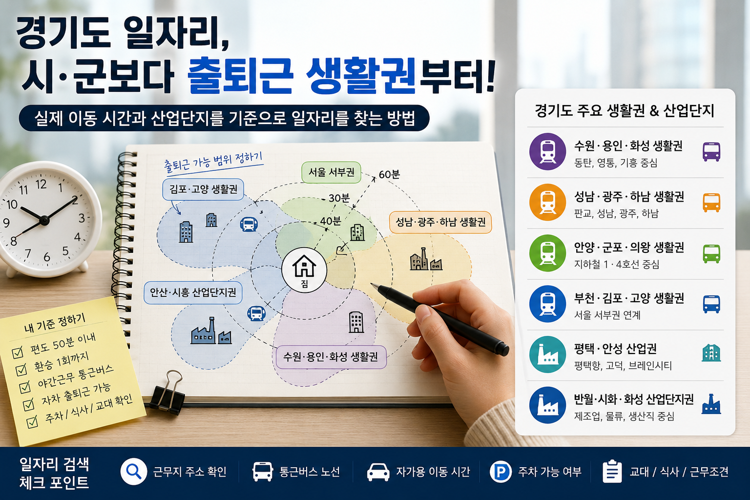 경기도 일자리를 시군보다 출퇴근 시간과 생활권을 기준으로 비교한 이미지