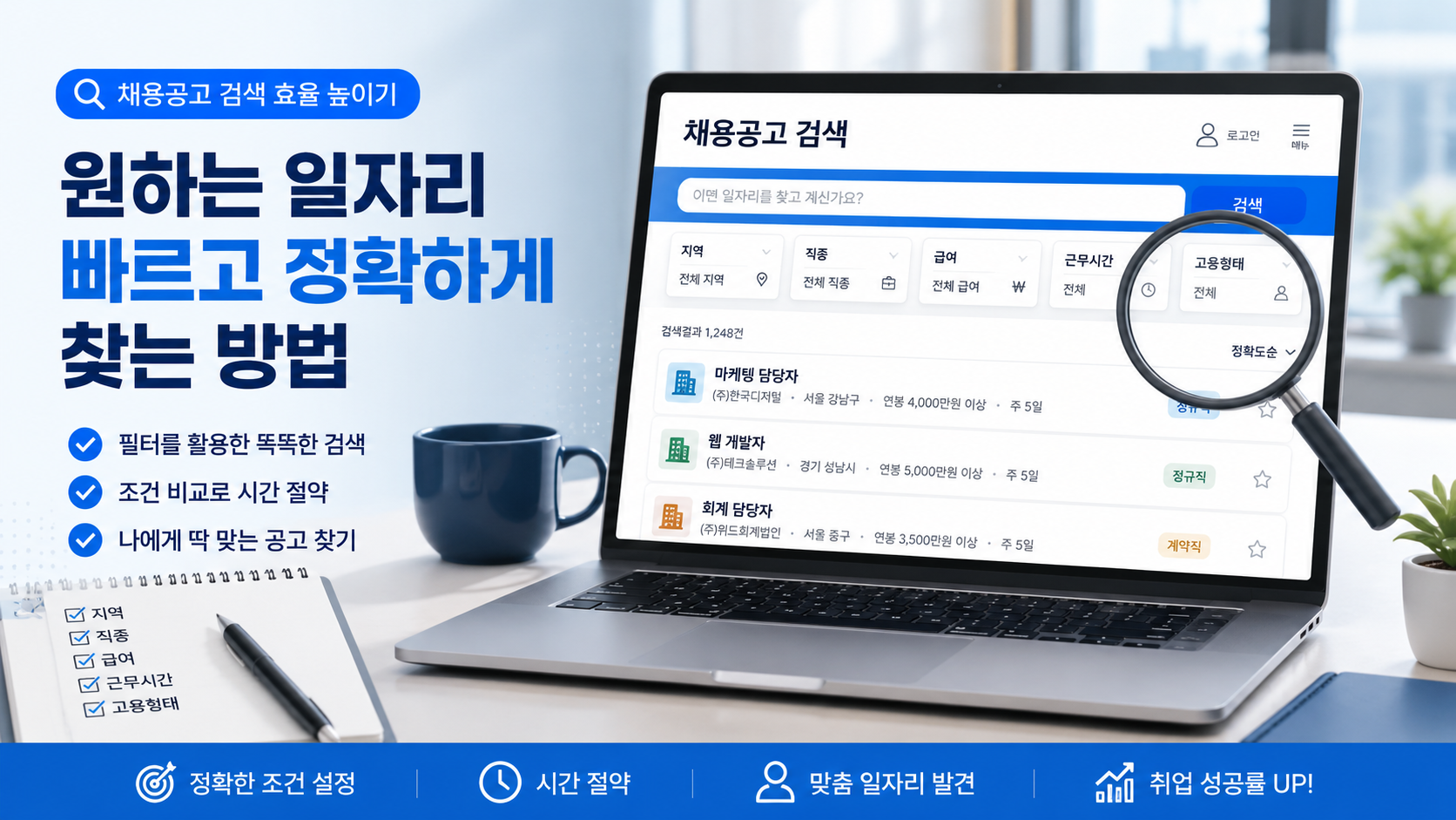 구인구직 사이트에서 검색조건을 설정해 채용공고를 찾는 모습