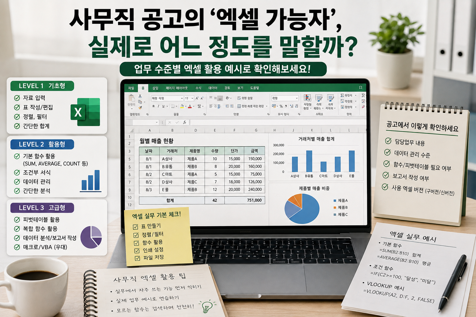 사무직 채용공고의 엑셀 가능자 조건과 기초 활용 고급 활용 수준을 비교한 이미지