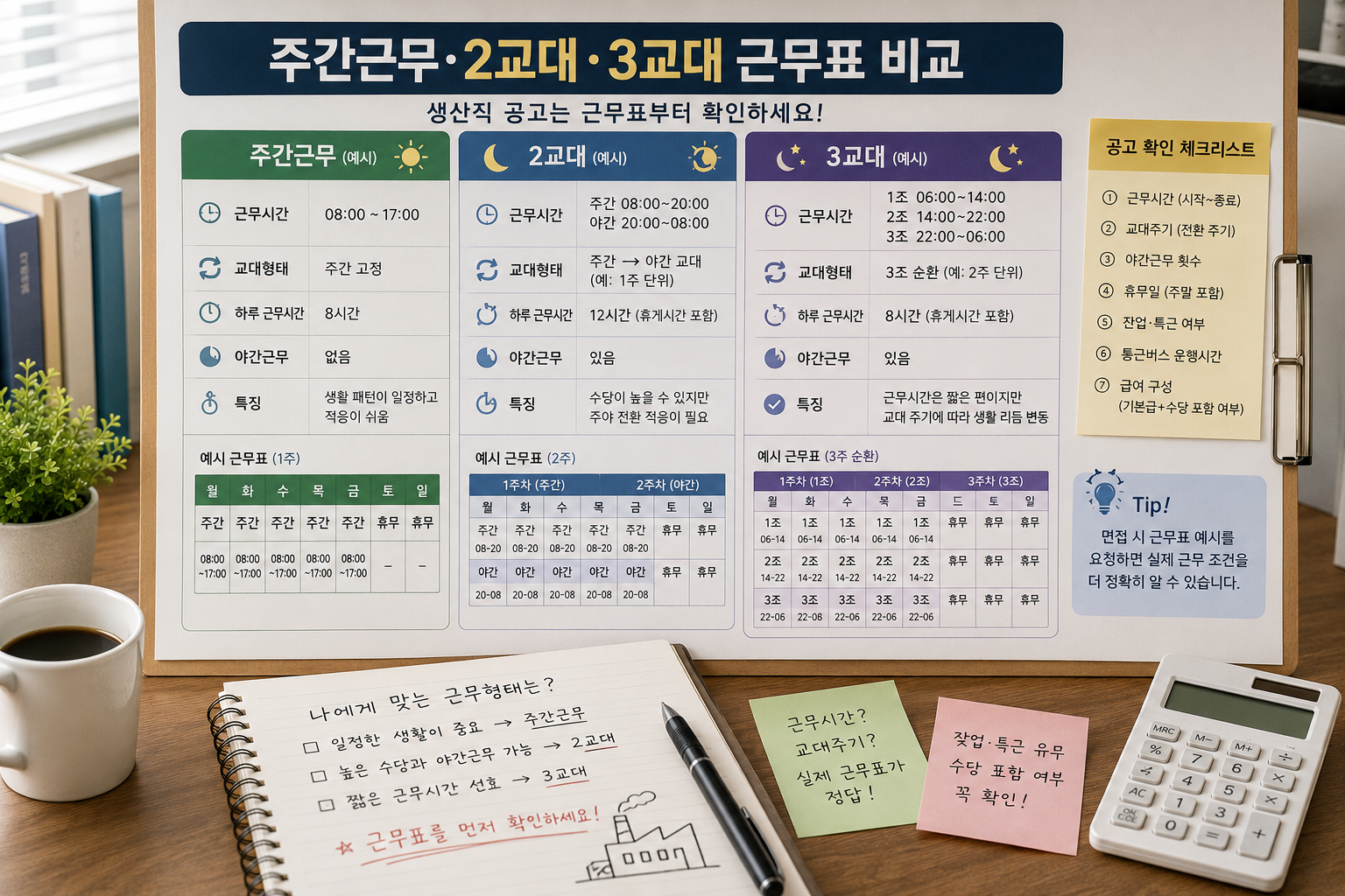 생산직 주간근무 2교대 3교대의 근무시간과 교대주기를 비교한 근무표