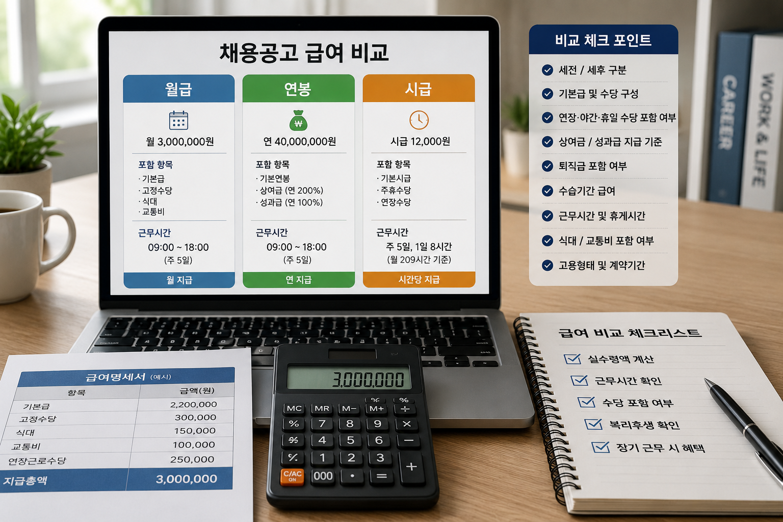 월급 연봉 시급 채용공고의 급여조건을 비교하는 모습