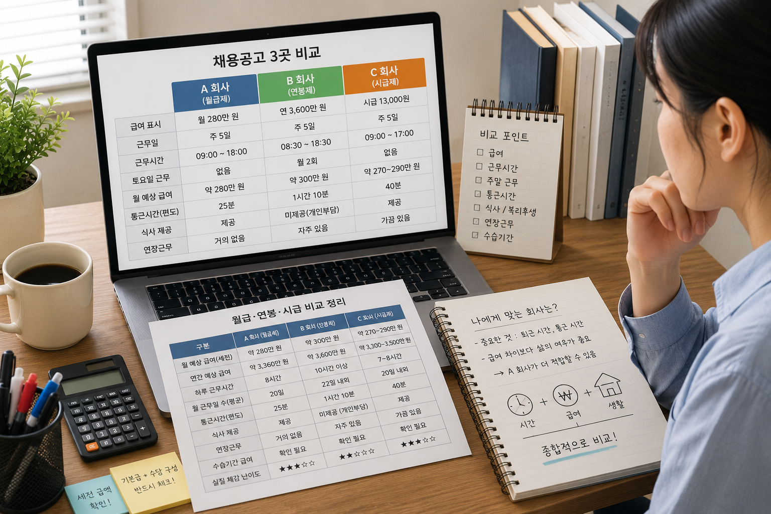 월급 연봉 시급이 다른 채용공고 세 곳의 급여와 근무조건을 비교하는 모습