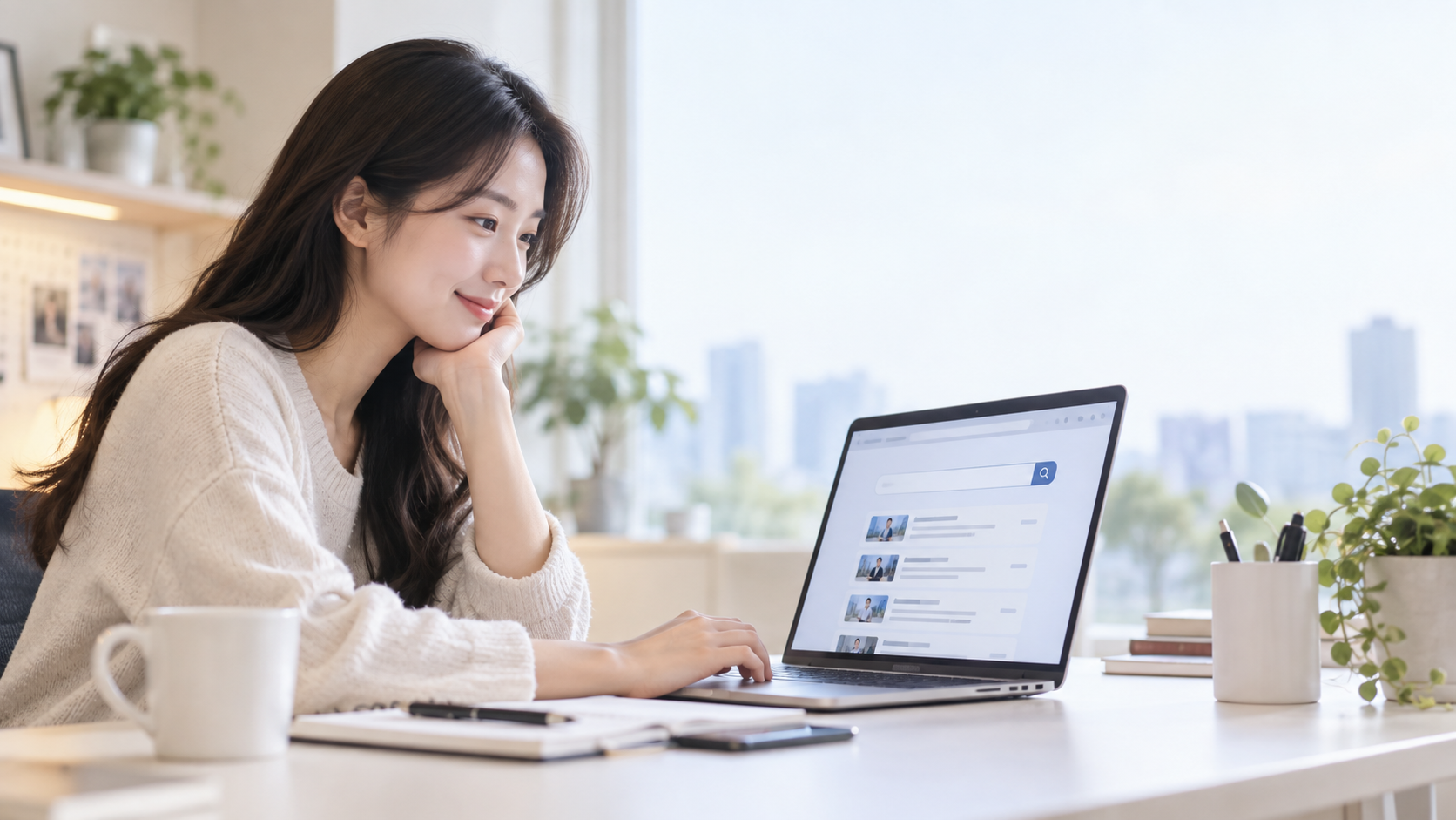 노트북으로 채용공고를 검색하고 비교하는 구직자의 모습