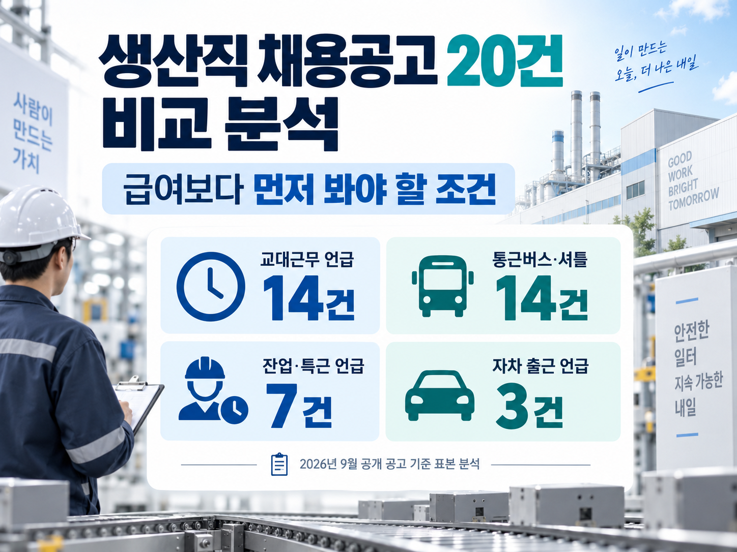 생산직 채용공고 20건을 분석해 교대근무 14건, 통근버스 14건, 잔업·특근 7건, 자차 출근 3건을 비교한 이미지